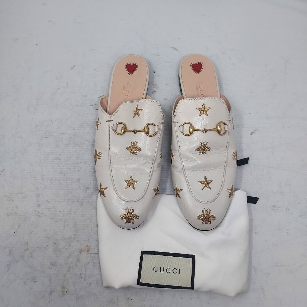 GUCCI Princetown Embroidered Bees Stars White Toe Horsebit Mule